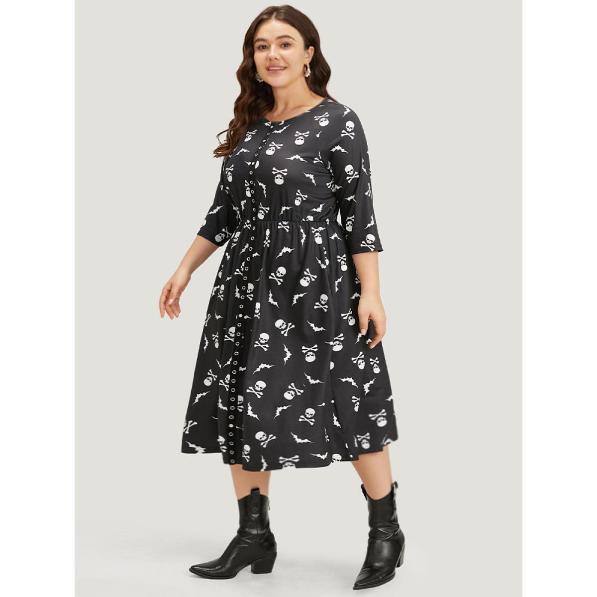 Plus Size Halloween Skull Print Pocket Button Through Dress Black Women Casual Cross straps Round Neck Elbow-length sleeve Curvy Midi Dress BloomChic 18-20/2X Product Image