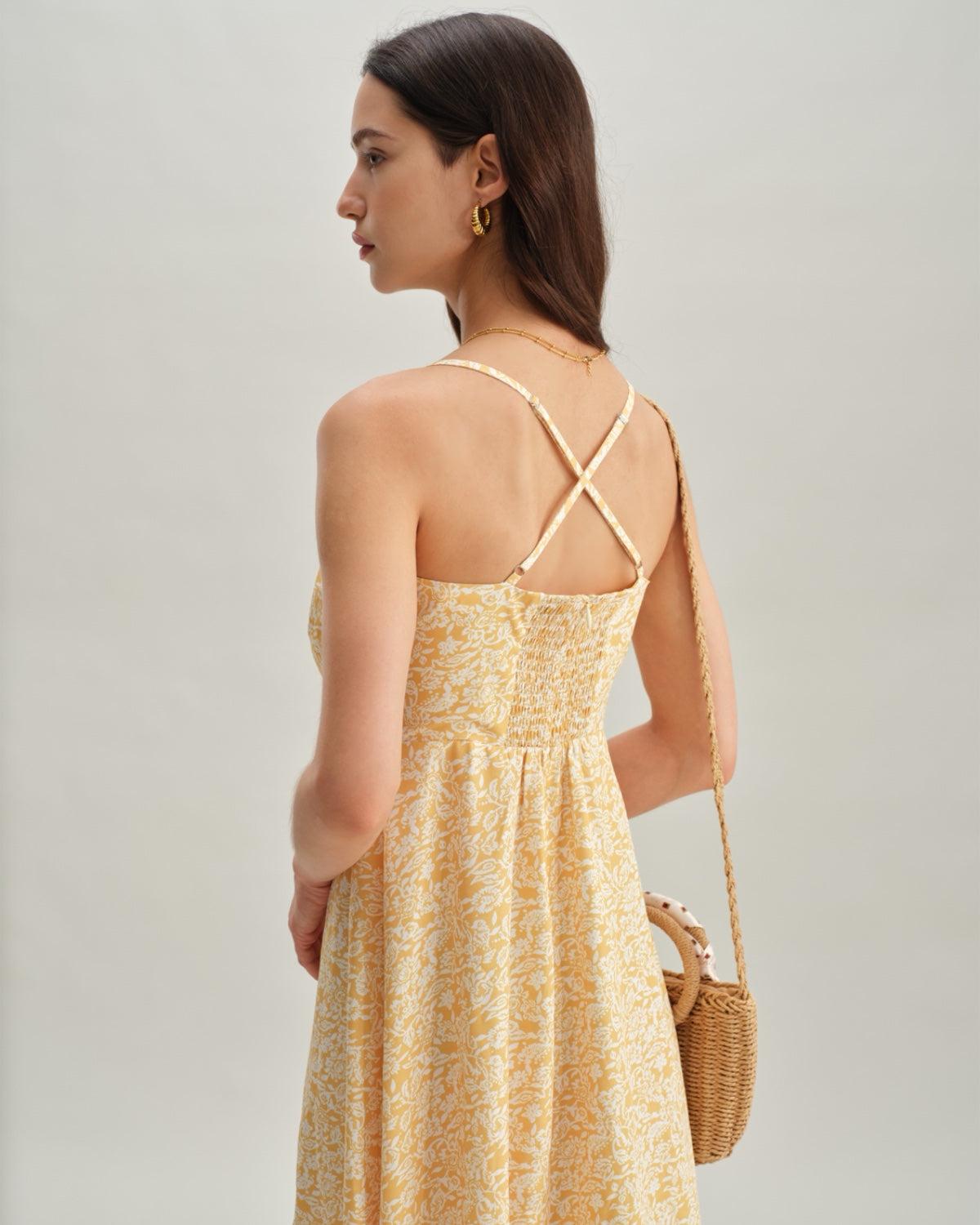 Yellow Floral Backless Slip Midi Dress Product Image