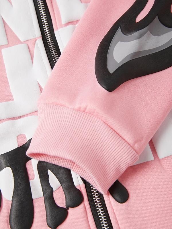 Street Letter Flame Print Zip Up Oversized Hoodie Product Image