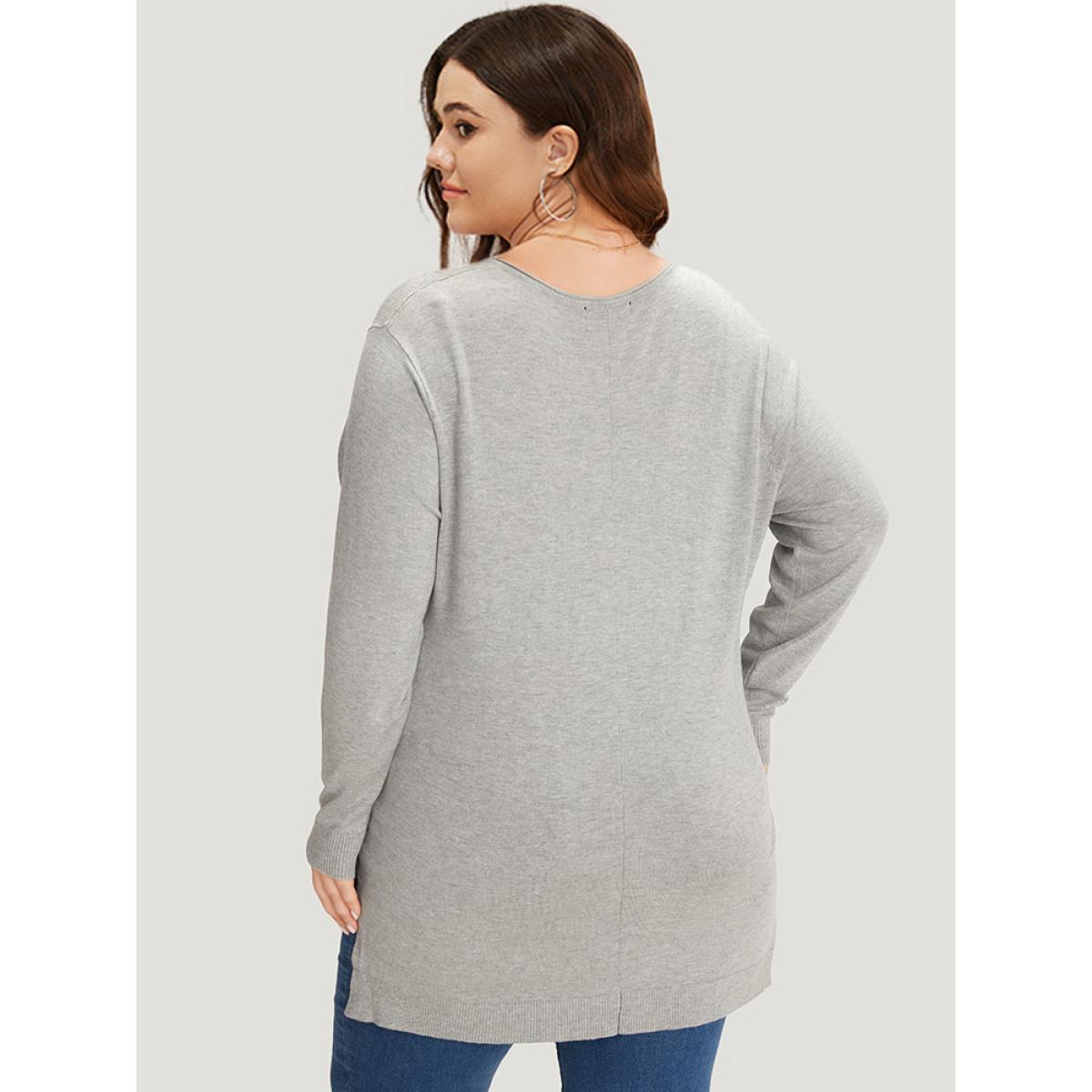 Plus Size Supersoft Essentials Plain Patchwork Split Side Pullover LightGray Women Casual Loose Long Sleeve V-neck Everyday Pullovers BloomChic 18-20/2X Product Image