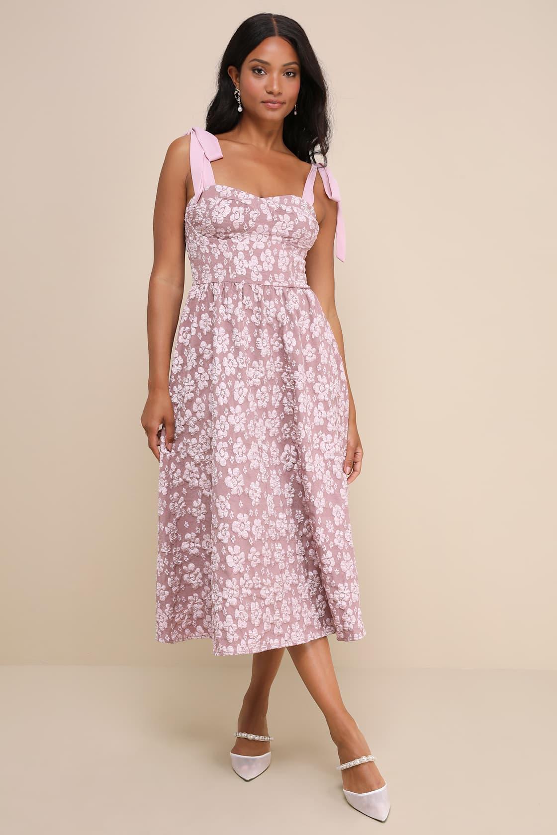 Bubbly Bliss Mauve Pink Jacquard Bustier Tie-Strap Midi Dress Product Image
