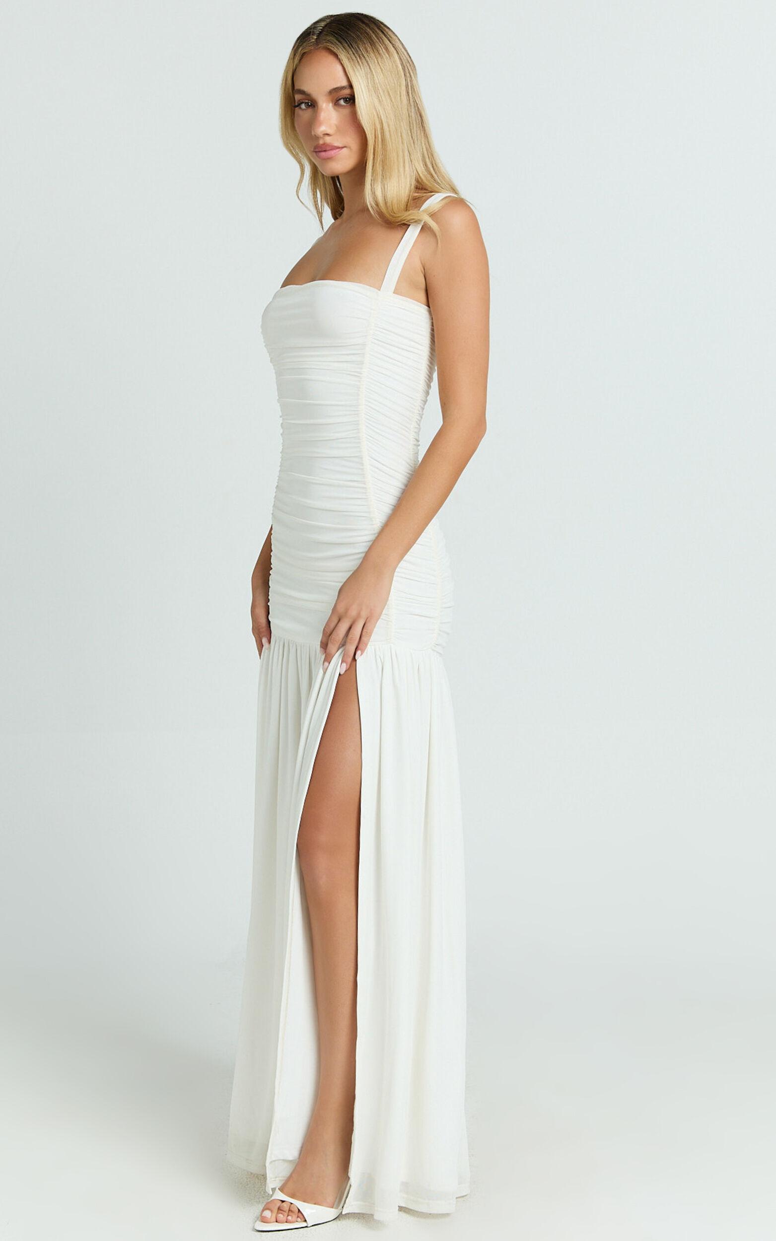 Cardi Maxi Dress - Ruched Mesh High Leg Split Dress in Ivory Product Image