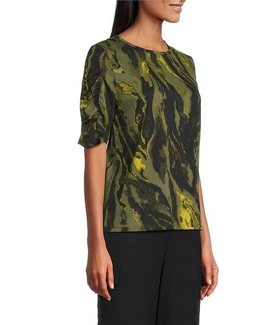 Investments Petite Size Knit Painted Bronze Green Zebra Elbow Length Sleeve Crew Neck Top Product Image