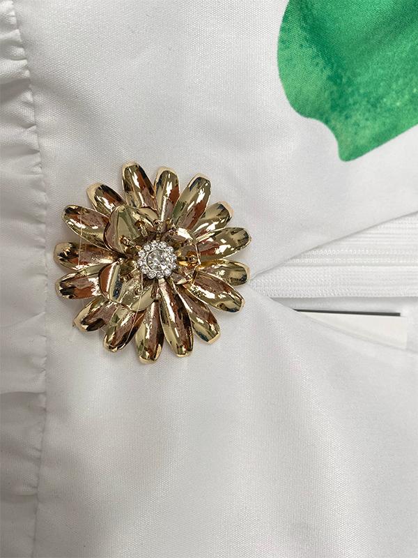 A-Line Loose Flower Print Pleated V-Neck Midi Dresses Product Image