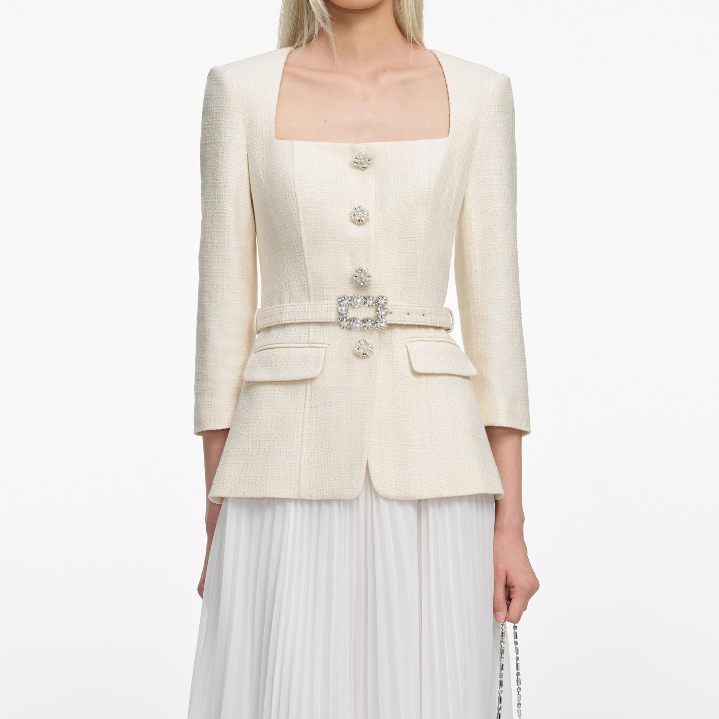 Cream Boucle Long Sleeve Chiffon Midi Dress Product Image