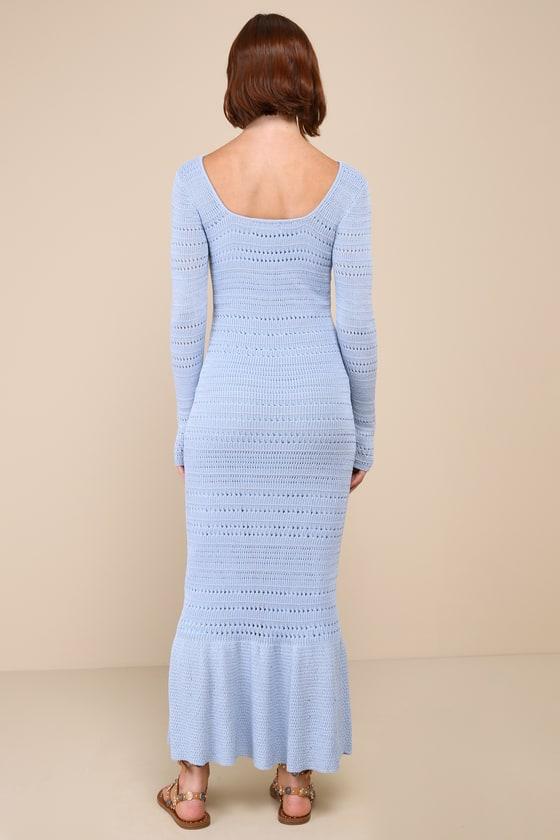 Sunset Moments Light Blue Crochet Long Sleeve Trumpet Midi Dress Product Image