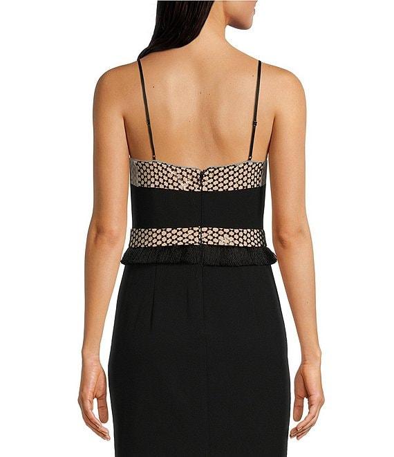 Adrianna by Adrianna Papell Crepe Metallic Net Fringe Square Neck Sleeveless Dress Product Image