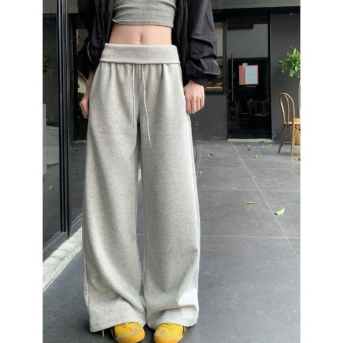 High Waist Plain Loose-Fit Wide-leg Sweatpants Product Image