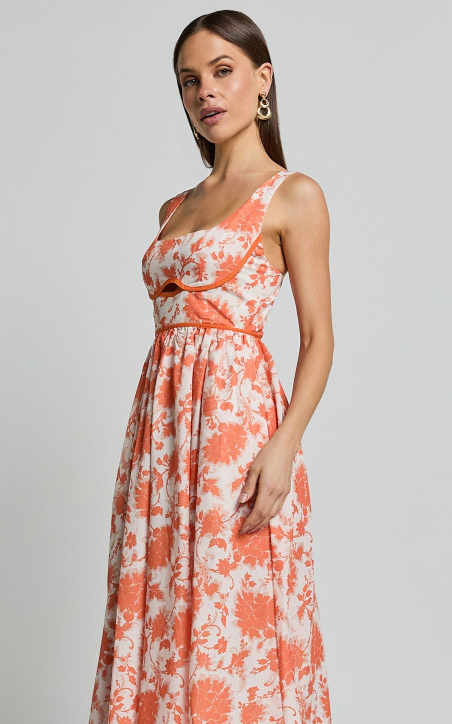Chira Midi Dress - Front Cut Out Thigh Split Dress in Orange Floral Product Image