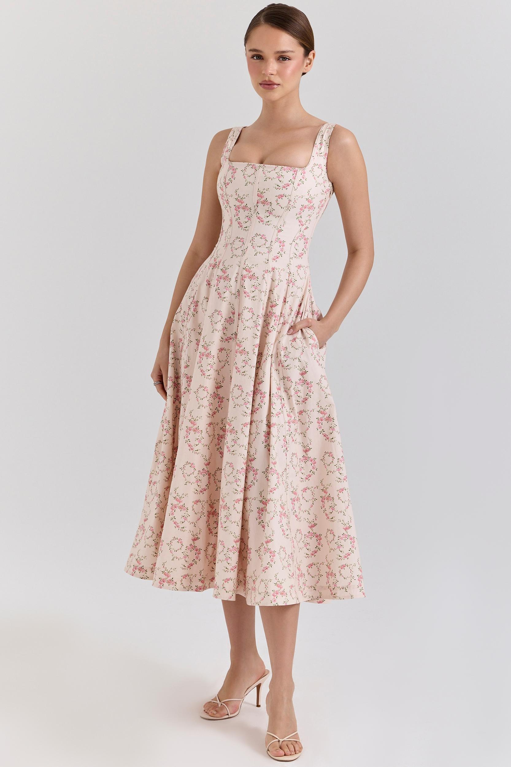 Mariabella  cream floral print cotton midi sun dress Product Image