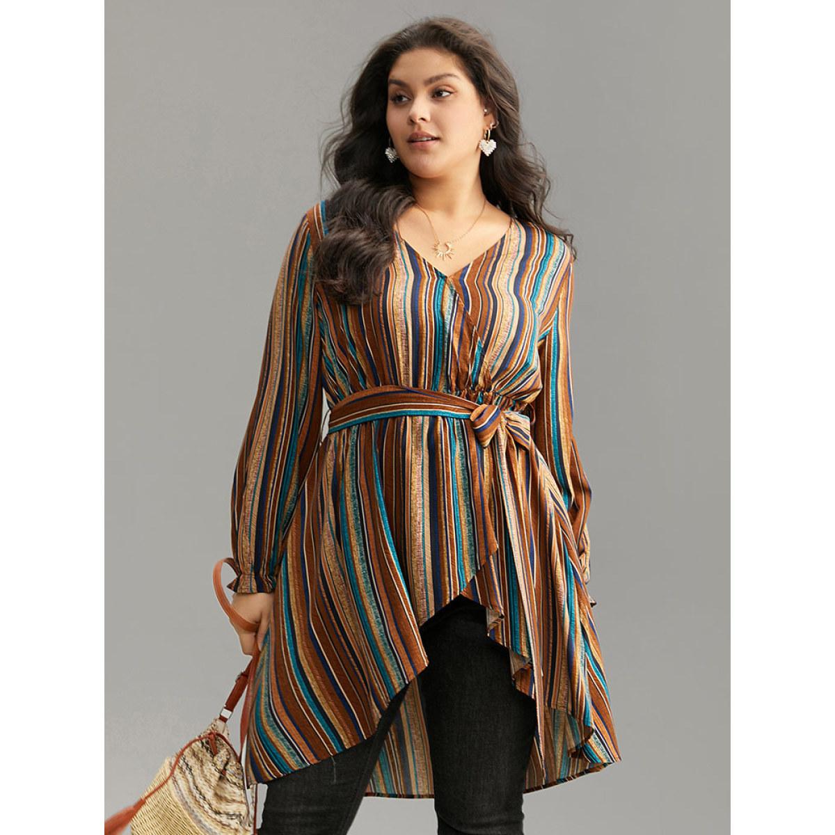 Plus Size Multicolor Striped Overlap Collar Arc Hem Belted Blouse Women Vacation Long Sleeve Overlap Collar Vacation Blouses BloomChic 30/6X Product Image