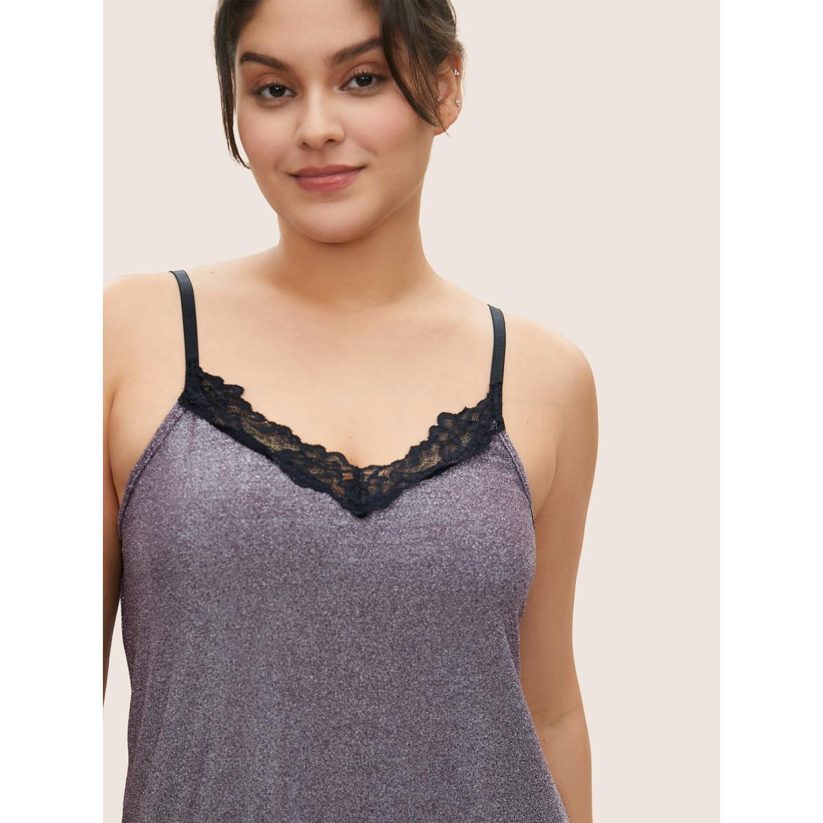 Plus Size Metallic Patchwork Bowknot Lace Panel Loungewear Set Women Purple Patchwork Sleeveless V-neck Lounge Loungewear Sets BloomChic 12/L Product Image