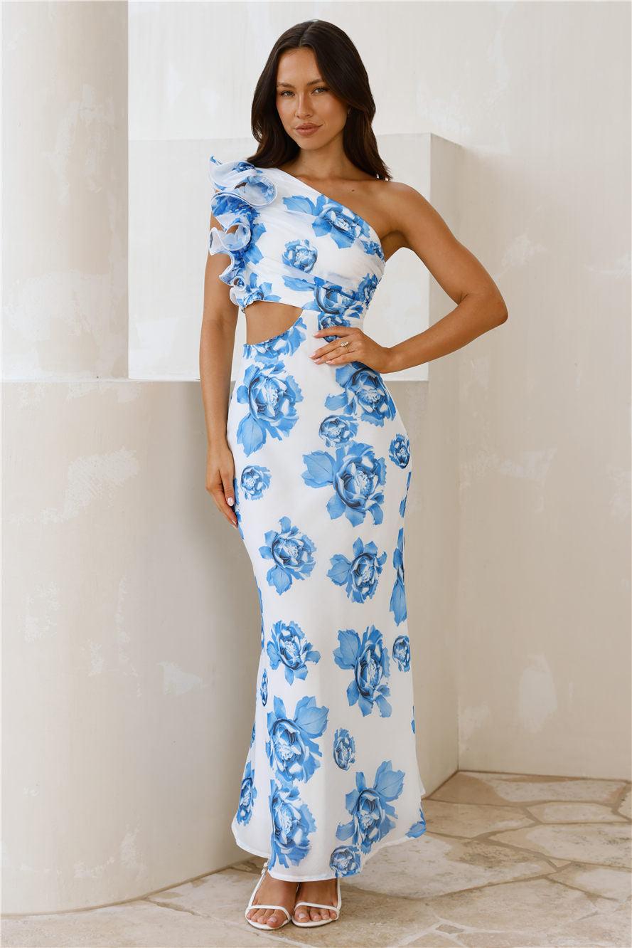 Crystal Crush One Shoulder Maxi Dress Blue Product Image