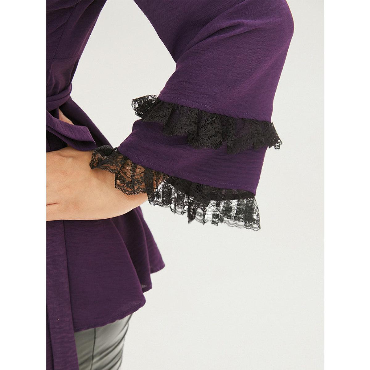 Plus Size Eggplant Halloween Contrast Eyelet Lace Wrap Layered Cuffs Blouse Women Elegant Long Sleeve V-neck Dailywear Blouses BloomChic 10/M Product Image