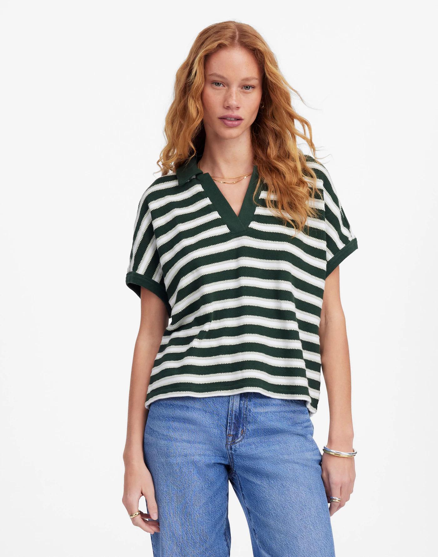 Relaxed V-Neck Polo Shirt in Stripe Product Image