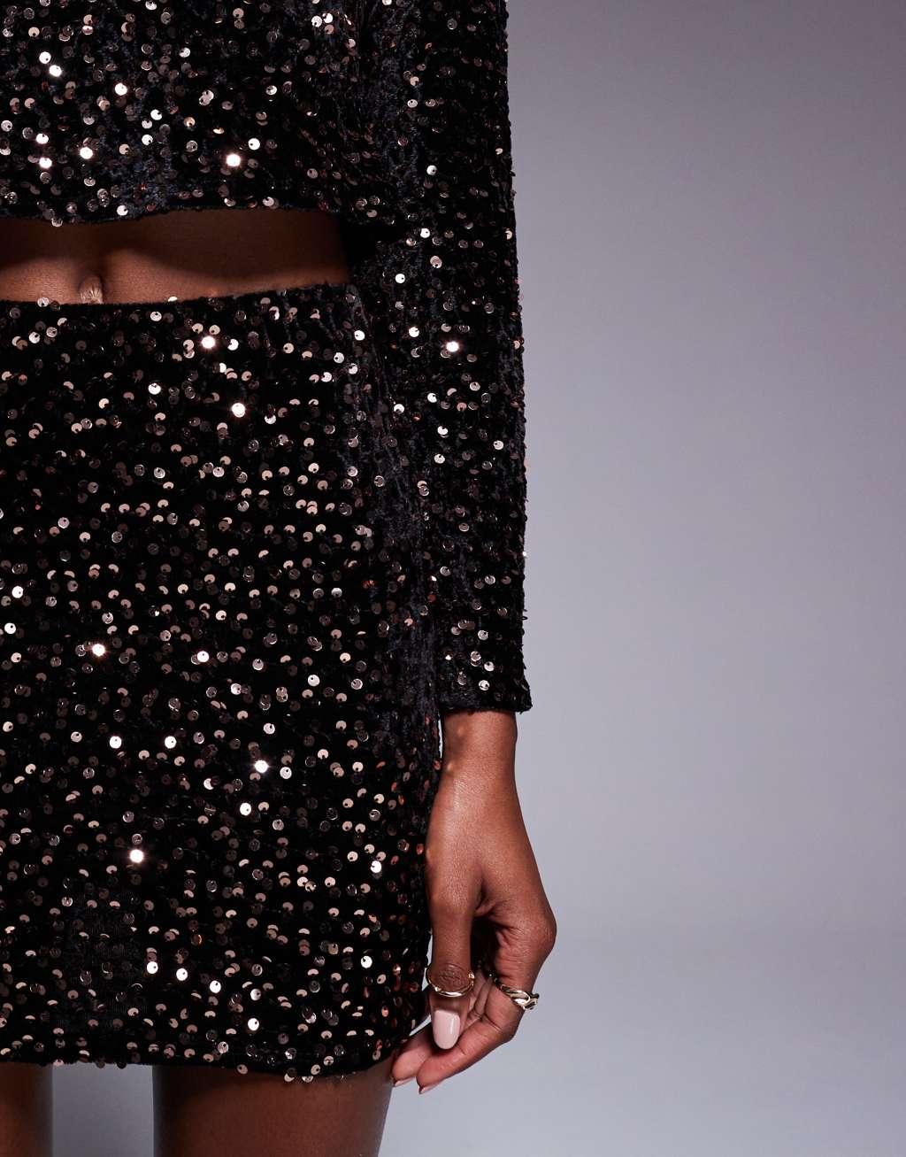 ASOS DESIGN sequin mini skirt in black and bronze - part of a set Product Image