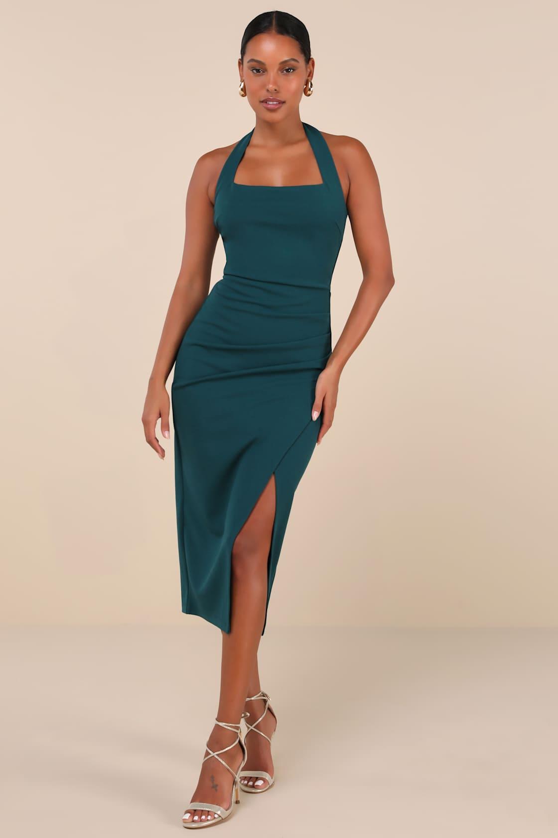 Prominent Charm Emerald Halter Bodycon Tulip Midi Dress Product Image