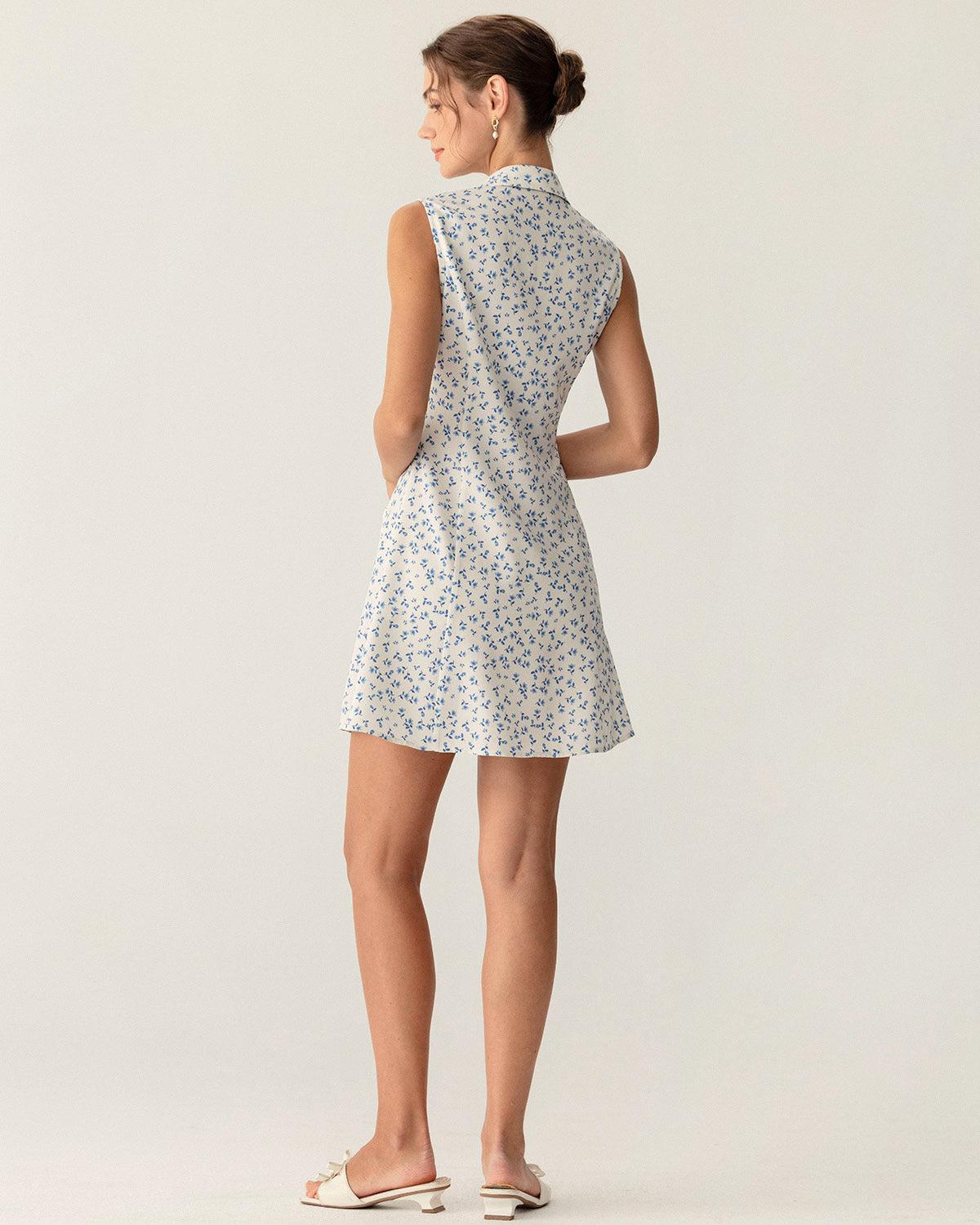 Blue Floral Pocket Sleeveless Mini Dress Product Image