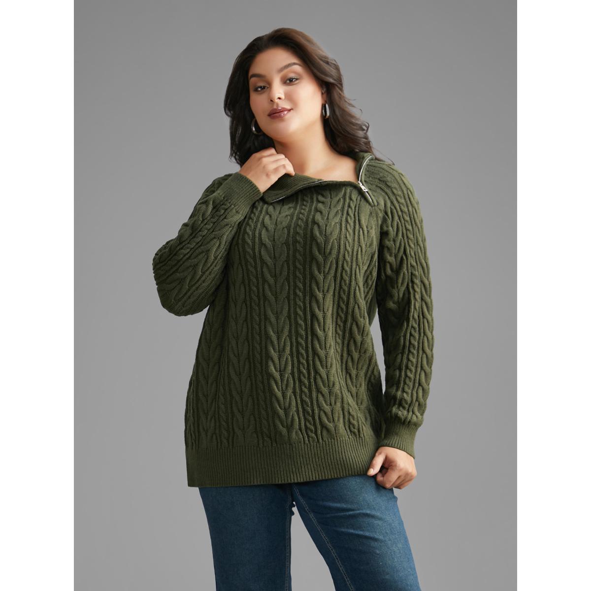 Plus Size Asymmetrical Neck Cable Knit Zipper Pullover ArmyGreen Women Leisure Loose Long Sleeve Asymmetrical Neck Casual Pullovers BloomChic 22-24/3X Product Image