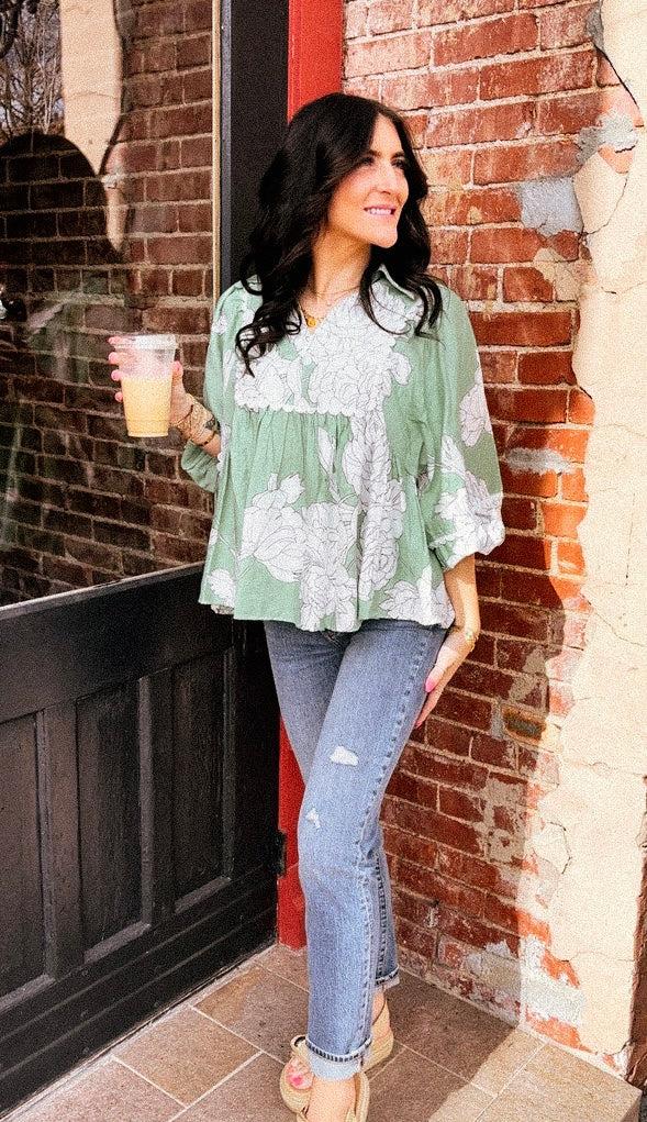 Sweet & Scalloped Mint Floral Blouse Product Image