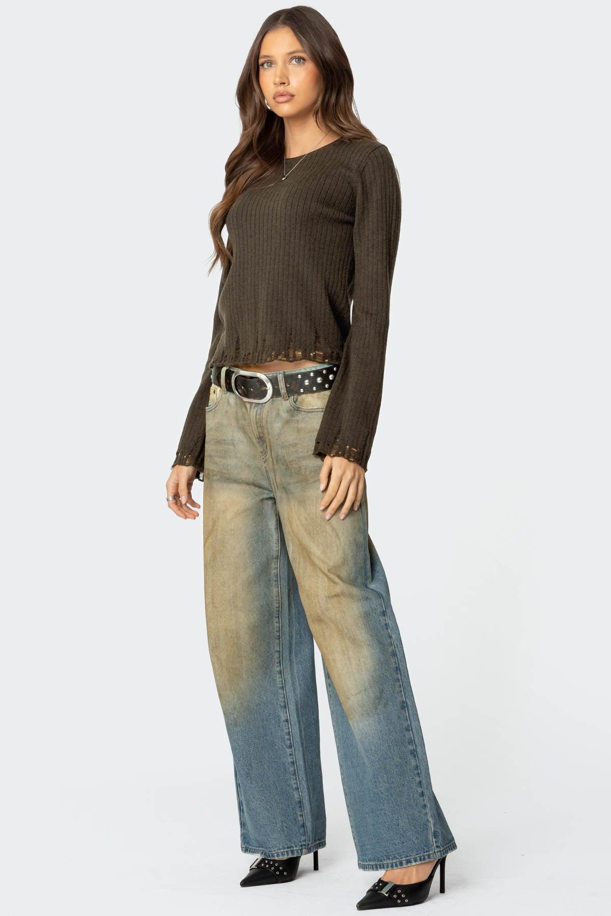 Distressed Ribbed Knit Sweater Product Image