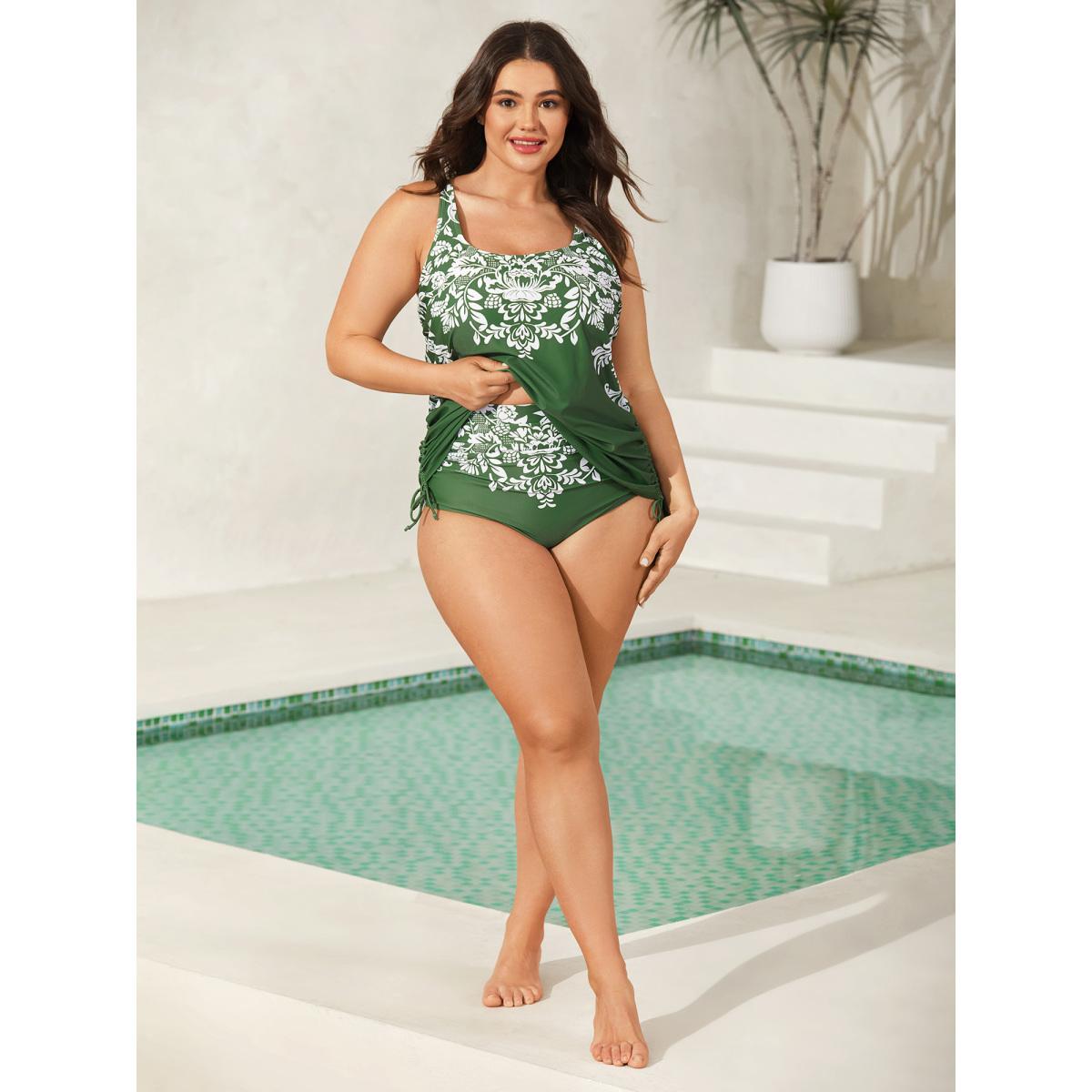 Plus Size Floral Print Cheeky Coverage Swim Bottoms Women's Swimwear Truegreen Beach Gathered High stretch Skinny High Rise Curve Swim Bottoms BloomChic 22-24/3X Product Image