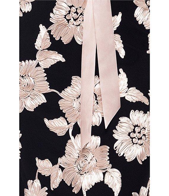 Betsy & Adam Petite Size Floral Embroidered Mesh Crew Neck Long Sleeve Tie Waist Gown Product Image