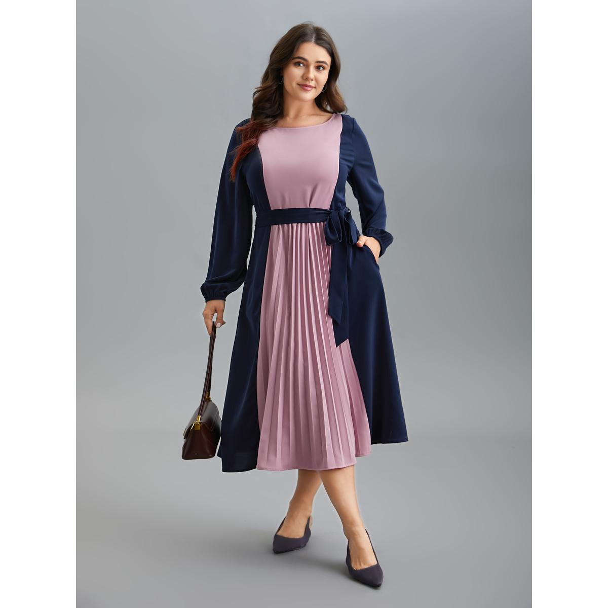 Plus Size Color-Block Stretchy Waist-Cinched Pockets Dress Indigo Women At the Office Belted Boat Neck Long Sleeve Curvy BloomChic 10/M Product Image