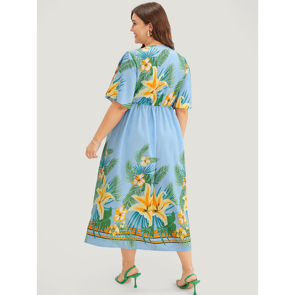 Plus Size Tropical Print Ruffle Sleeve Wrap Pocket Midi Dress LightBlue Women Elegant Elastic Waist V-neck Short sleeve Curvy Midi Dress BloomChic 14-16/1X Product Image