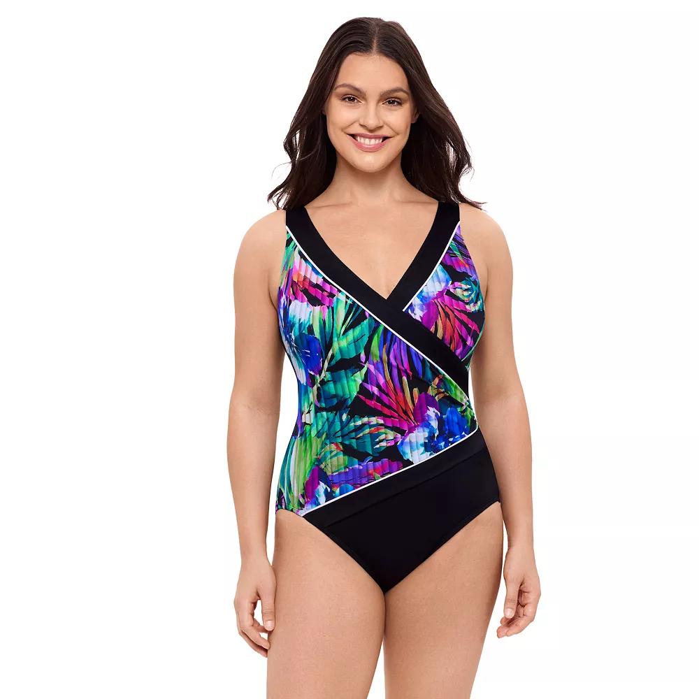 Women's Great Lengths Venetian Floral Piped Surplice One-Piece Swimsuit, Size: 16 Product Image