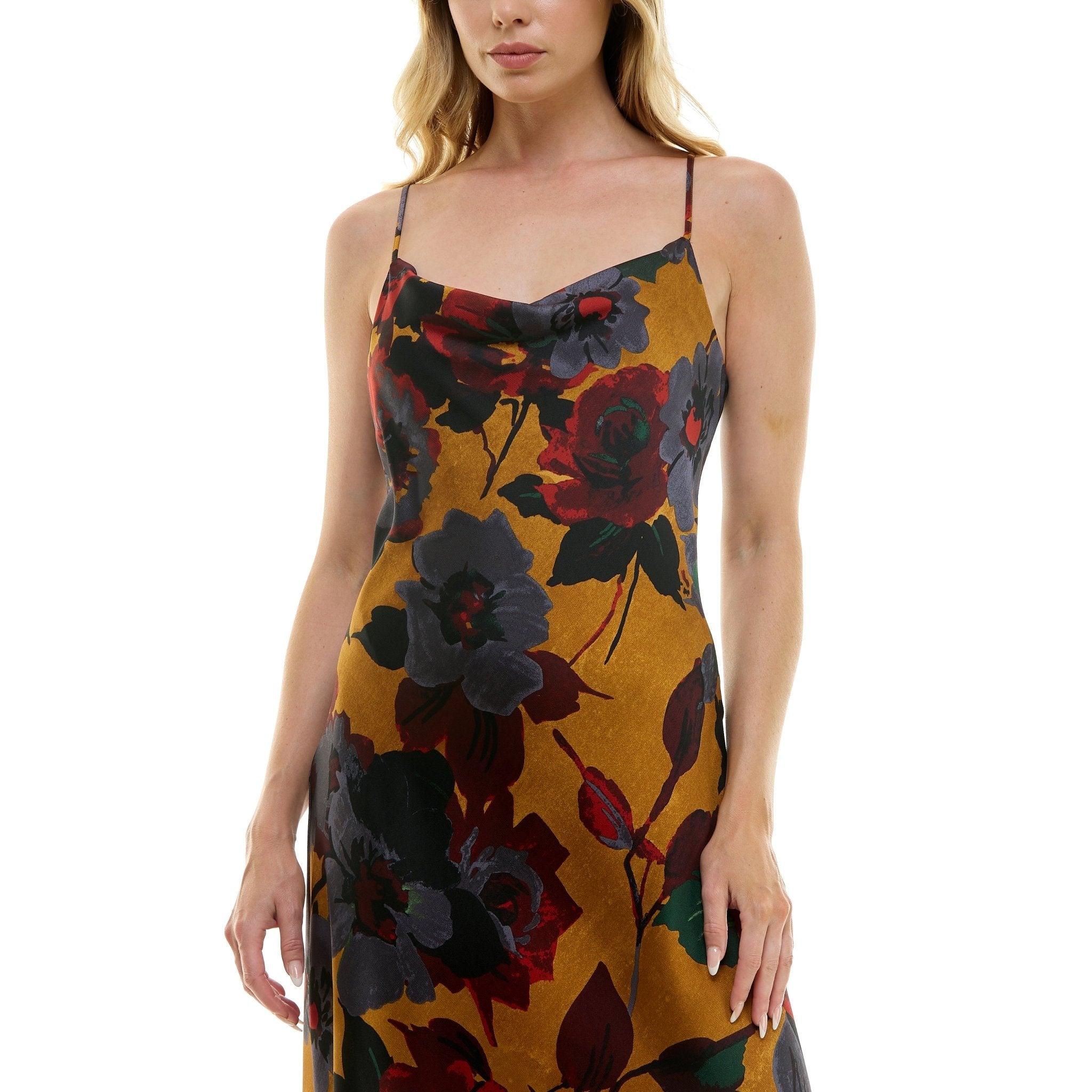Gold Floral Cowl Neck Slip Midi Dress Product Image