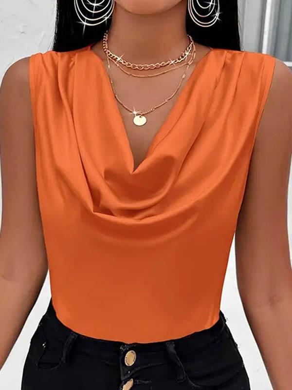 Loose Sleeveless Pleated Solid Color V-Neck Vest Top Product Image