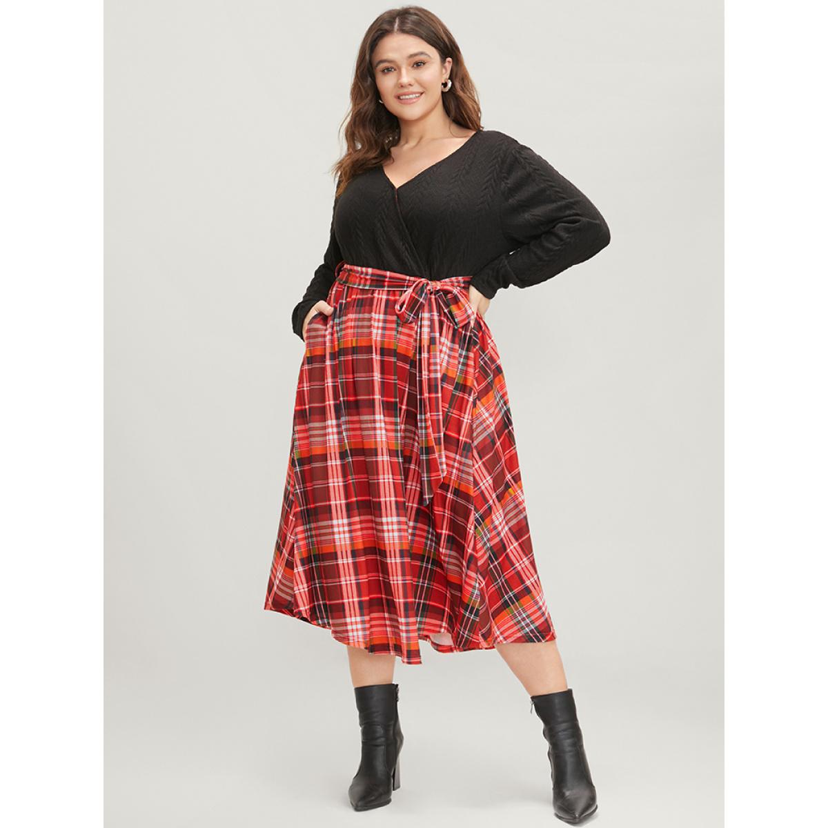 Plus Size Plaid Patchwork Pocket Cable Knit Belted Surplice Neck Dress Black Women Elegant Patchwork V-neck Long Sleeve Curvy Midi Dress BloomChic 30/6X Product Image