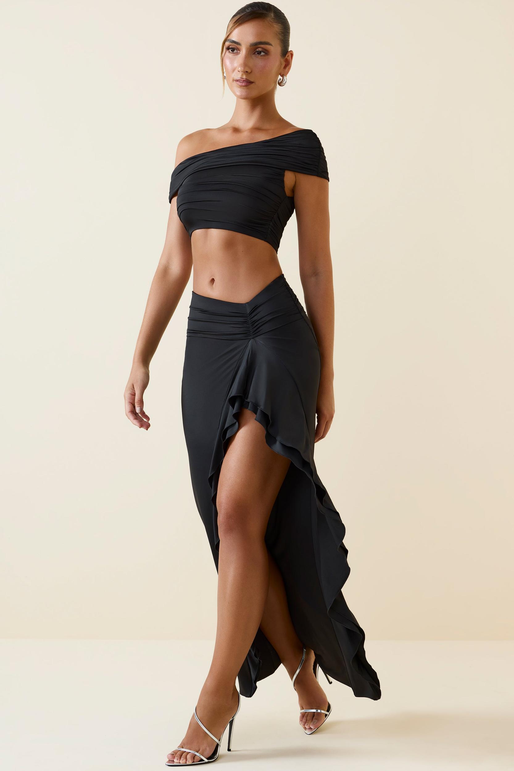 Asymmetric Ruffled Low-Rise Maxi Skirt in Black Female Product Image