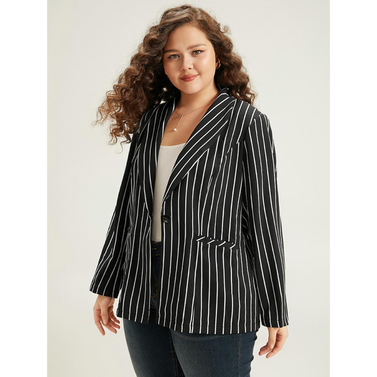Plus Size Striped Suit Collar Button Up Blazer Black Women Work Striped Contrast Sleeve Long Sleeve Suit Collar 12/L Pocket Casual Blazers BloomChic Product Image