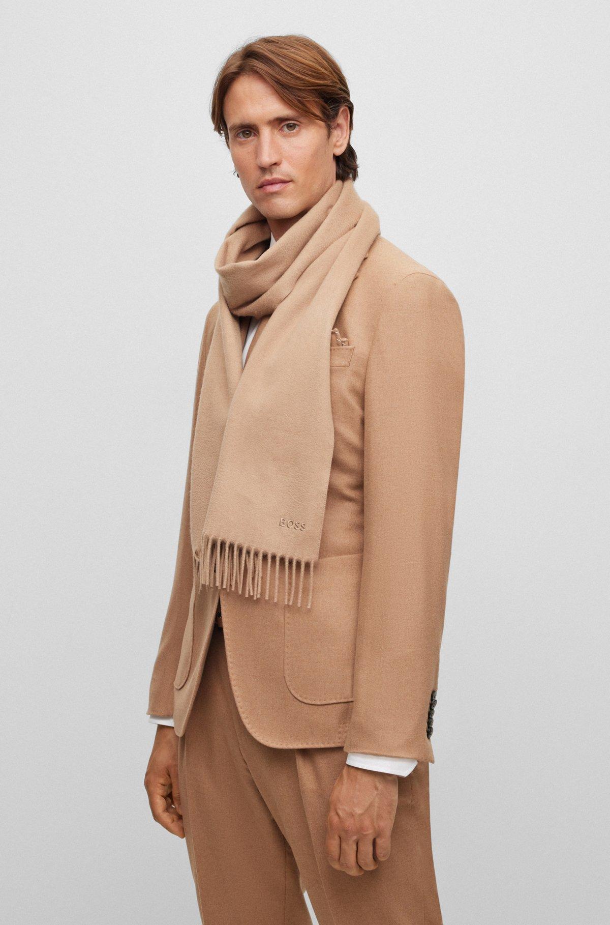 Fringed scarf in pure Italian cashmere with embroidered logo Product Image