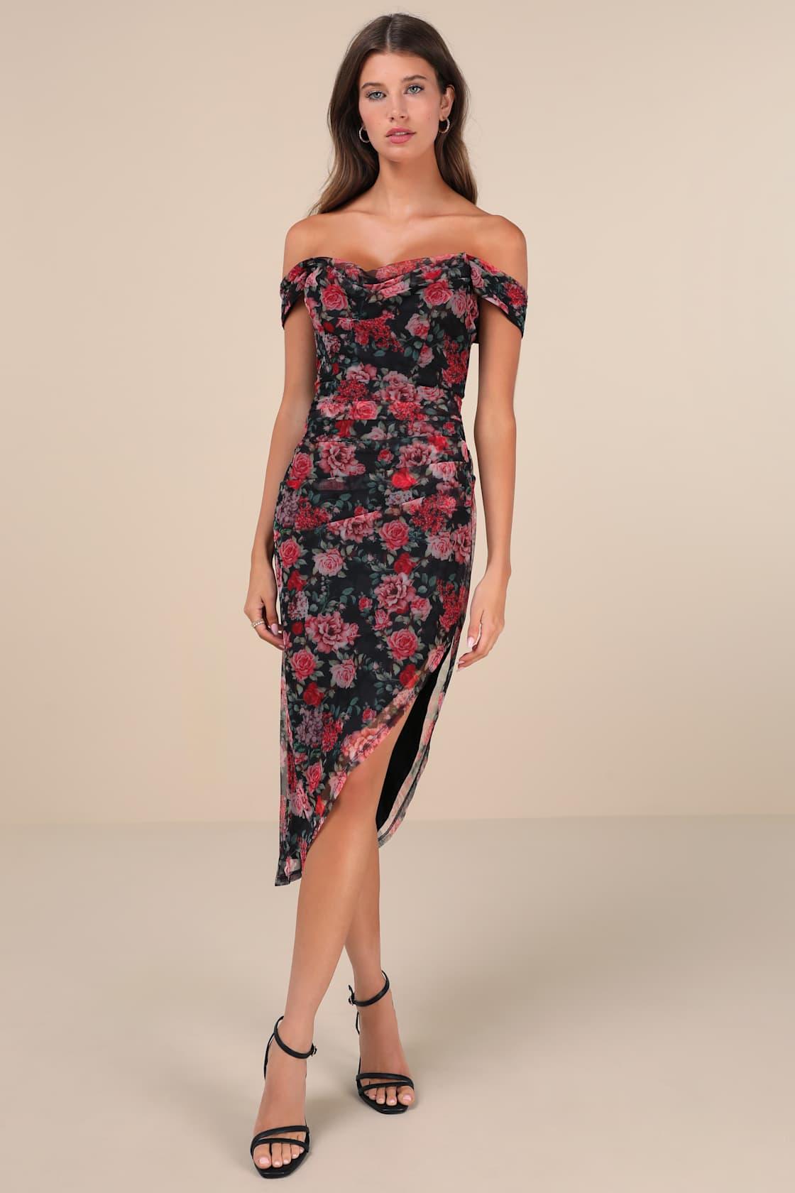 Idyllic Beauty Black Floral Off-The-Shoulder Midi Dress Product Image