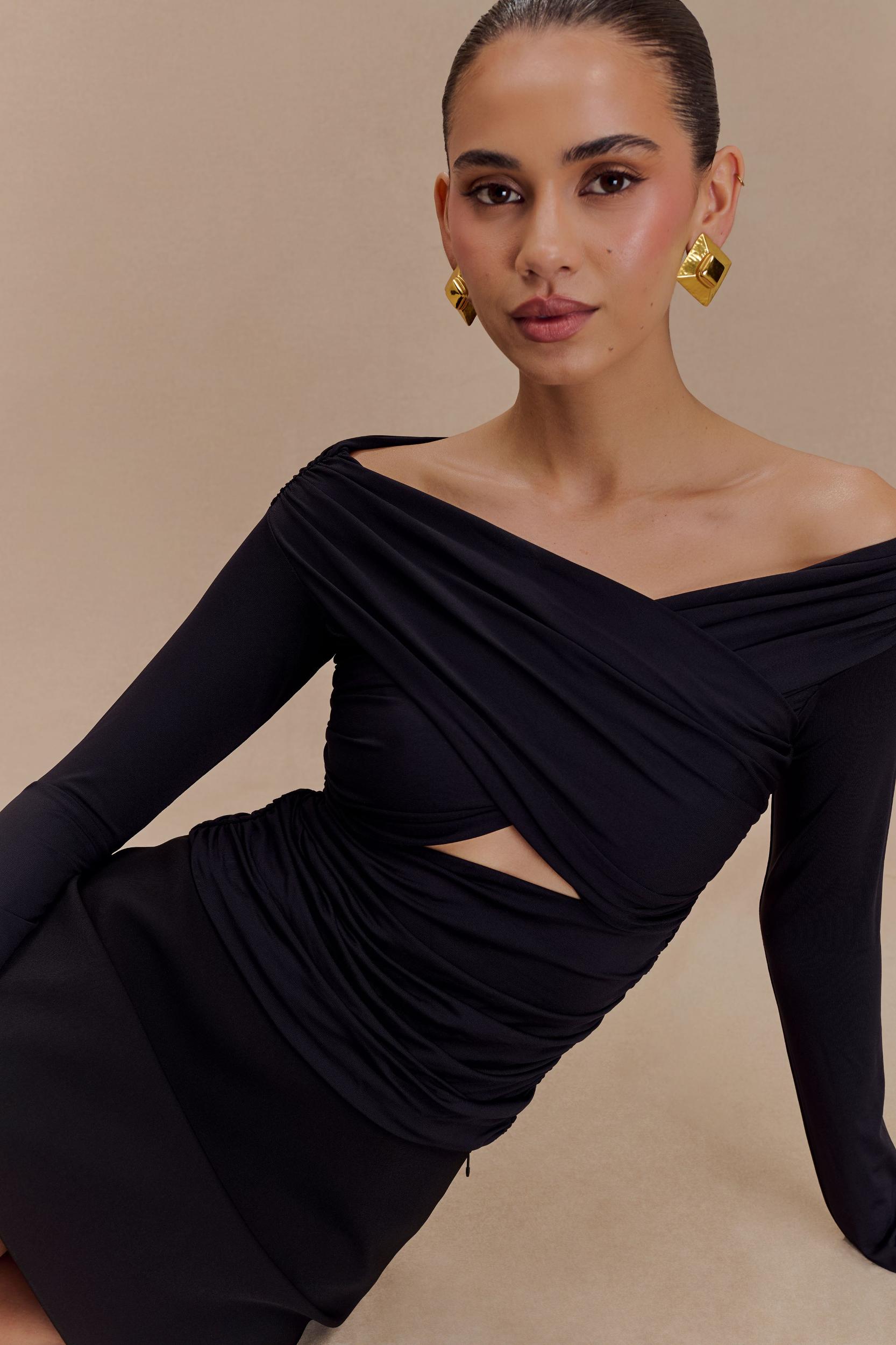 Jaden Off Shoulder Recycled Nylon Top - Black Product Image