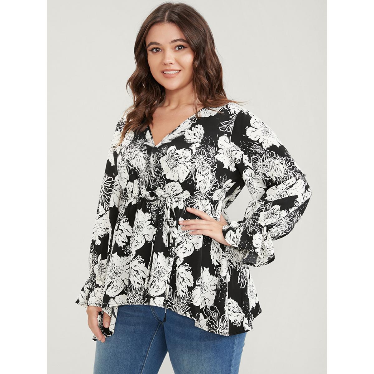 Plus Size Black Floral Lantern Sleeve Tie Up Asymmetrical Hem Wrap Blouse Women Elegant Long Sleeve V-neck Dailywear Blouses BloomChic 22-24/3X Product Image