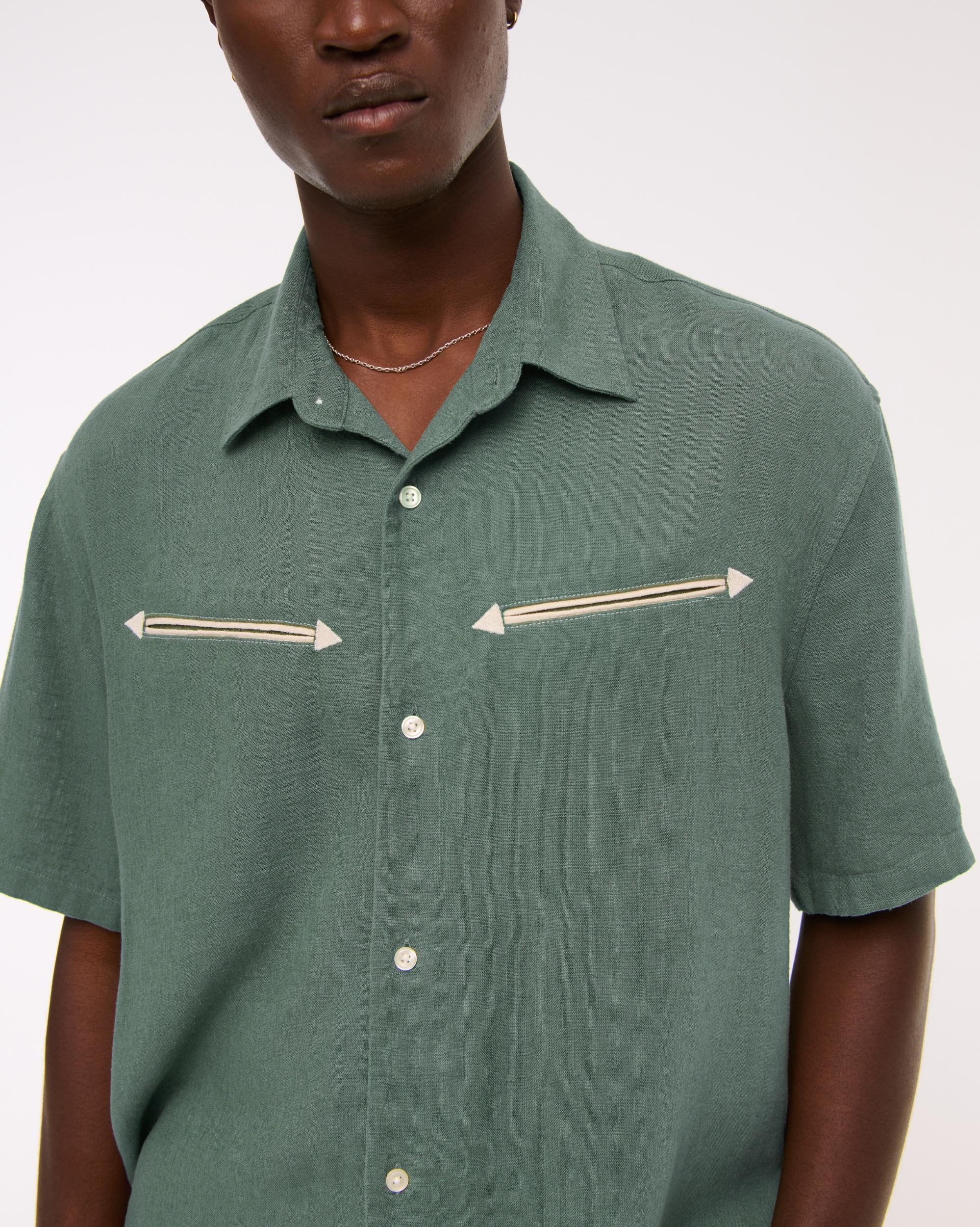 Short-Sleeve Summer Linen-Blend Button-Up Shirt Product Image