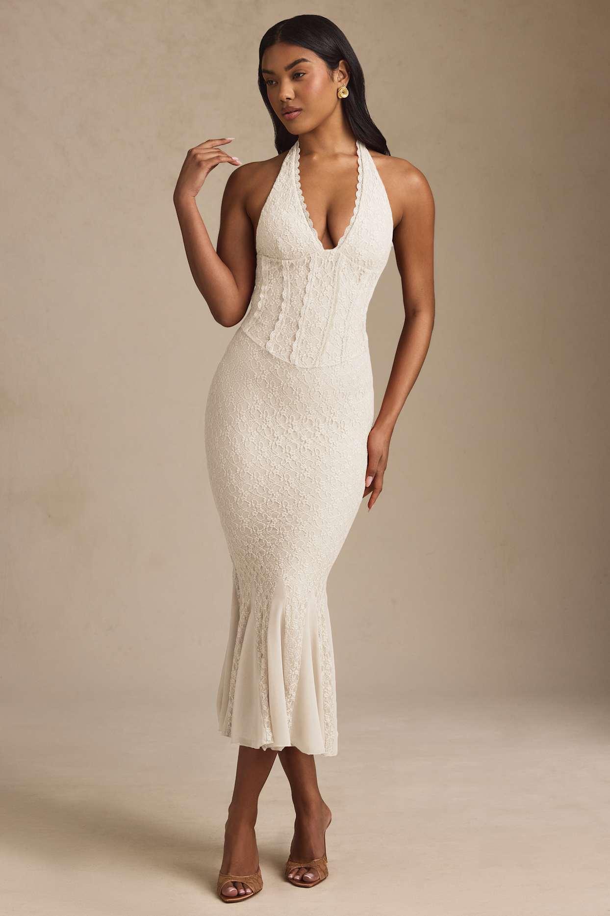 Halterneck Corset Lace Midaxi Dress in Ivory Product Image