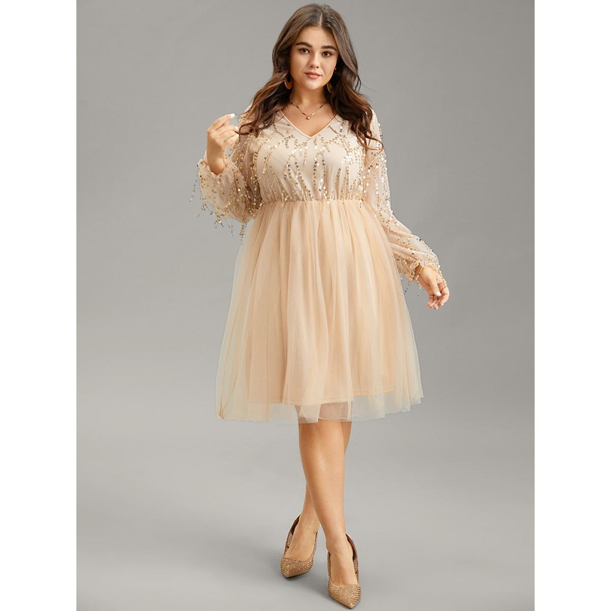 Plus Size Sequin Mesh Patchwork Tassel Dress Apricot Women Cocktail Gathered Overlap Collar Long Sleeve Curvy Knee Dress BloomChic 18-20/2X Product Image