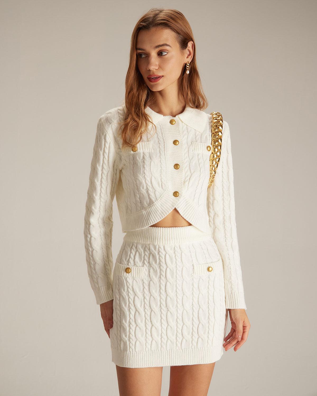 The White Elastic Waist Button Cable Mini Skirt Product Image