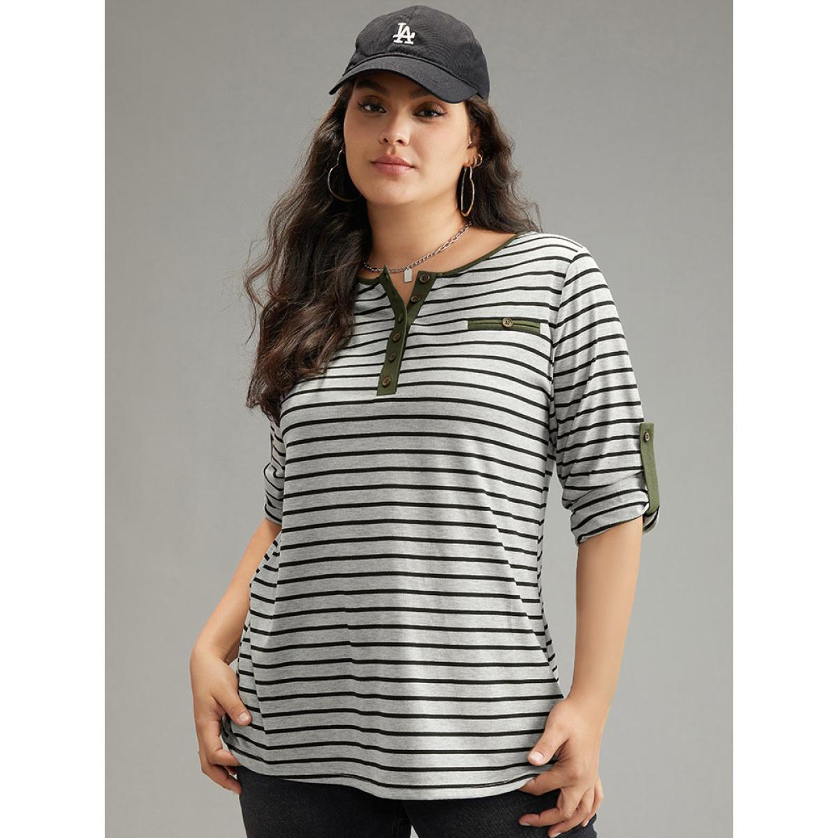 Plus Size Striped Contrast Button Up Tab Sleeve T-shirt Gray Women Casual Contrast Striped Open Front Everyday T-shirts BloomChic 14-16/1X Product Image