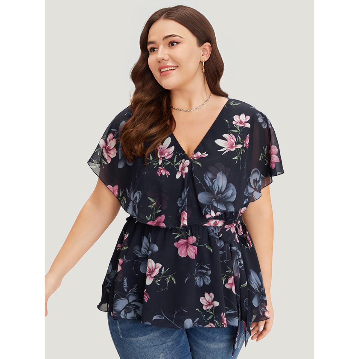 Plus Size Multicolor Floral Split Batwing Sleeve Wrap Mesh Belted Blouse Women Glamour Cap Sleeve Deep V-neck Going out Blouses BloomChic 28/5X Product Image