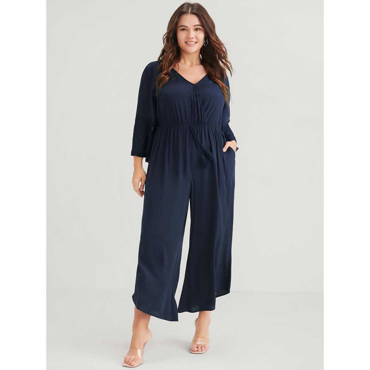 Plus Size Navy Solid Bell Sleeve Pocket Tie Contrast Lace Wrap Jumpsuit Women Elegant Elbow-length sleeve V-neck Dailywear Loose Jumpsuits BloomChic 10/M Product Image