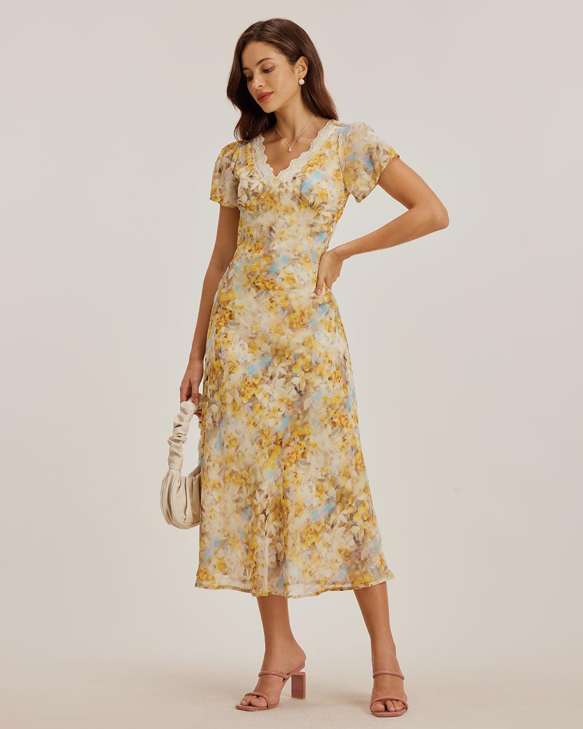 Yellow Floral Chiffon V Neck Maxi Dress Product Image