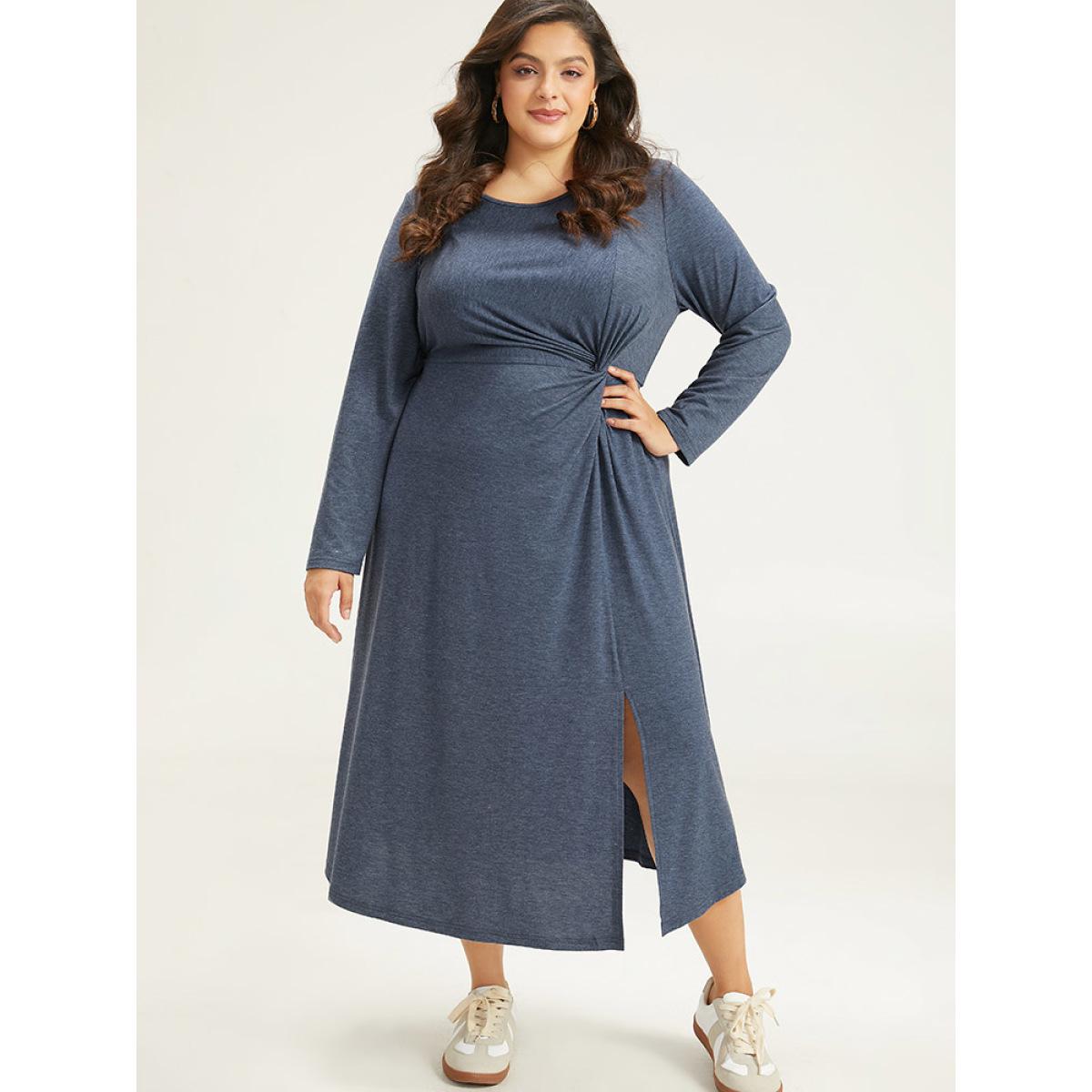 Plus Size Plain Crew Neck Twist Front Split Hem Dress Indigo Women Casual Plain Round Neck Long Sleeve Curvy Midi Dress BloomChic 30/6X Product Image
