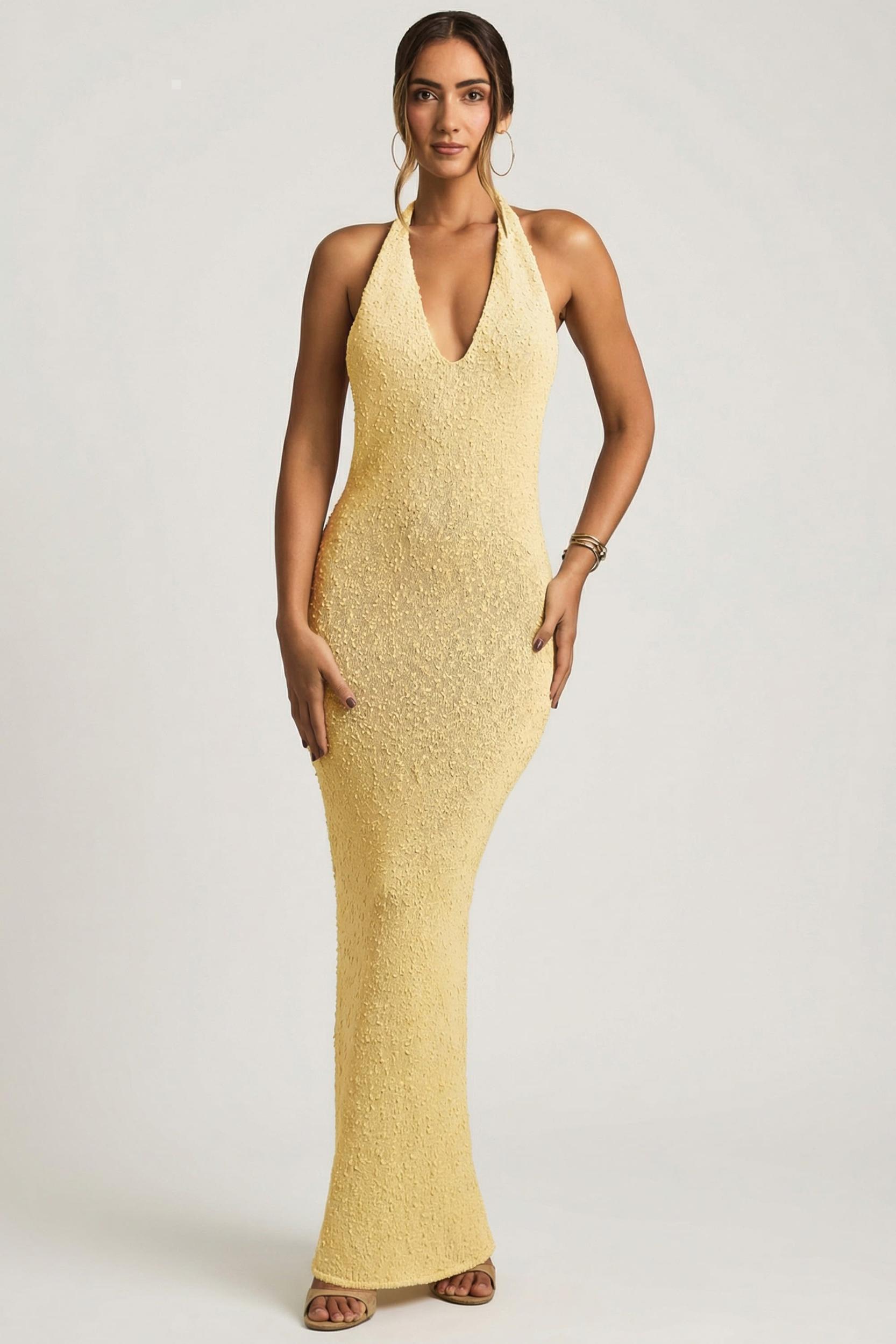 Bouclé Halterneck Maxi Dress in Yellow Girls Product Image