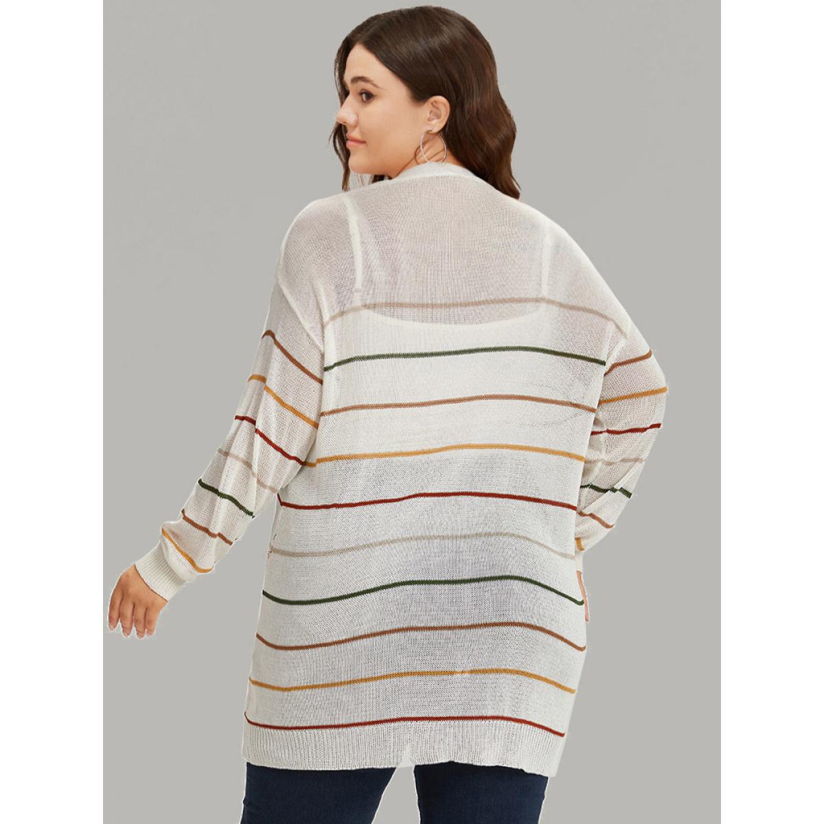 Plus Size UltraCool Rainbow Striped Open Front Pocket Cardigan Ivory Women Casual Loose Long Sleeve Dailywear Cardigans BloomChic 18-20/2X Product Image